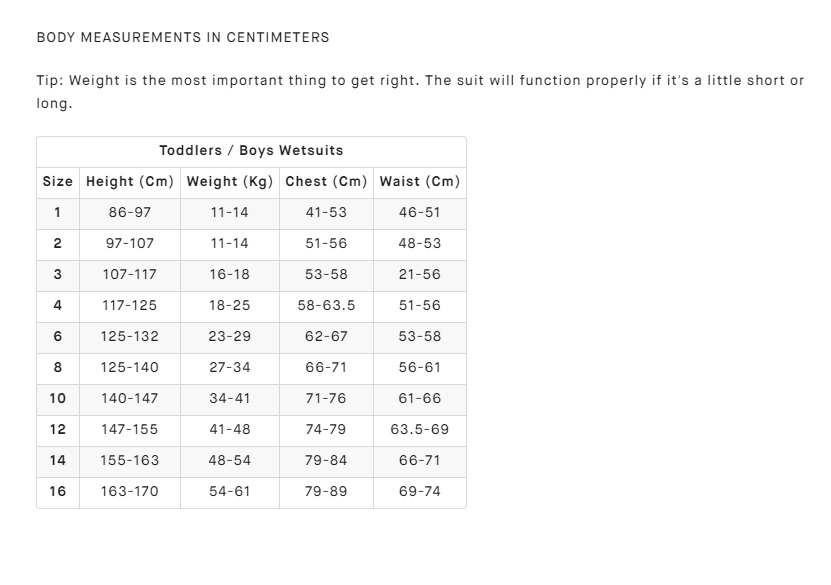 Billabong Wetsuit Size Chart