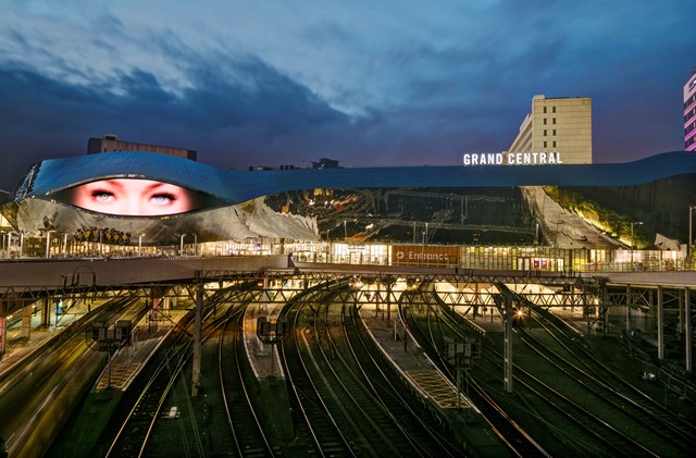 Birmingham New Street and Grand Central - by night: Birmingham New Street 
railway station
train station
Grand Central
Shopping centre