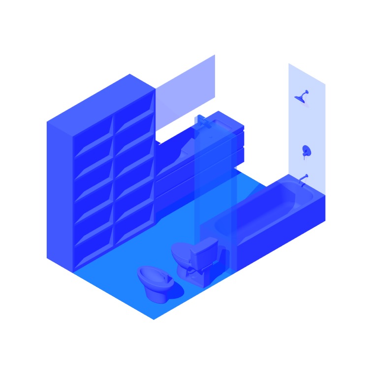 Perspective view of a 3D model of the Facing Bidet 2-Wall Primary Bathroom