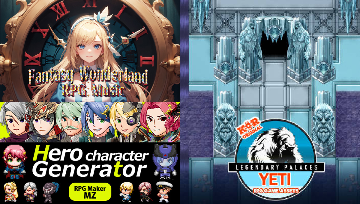 New Releases: Fantasy Wonderland RPG Music, Hero Character Generator for MZ, KR Legendary Palaces - Yeti Tileset