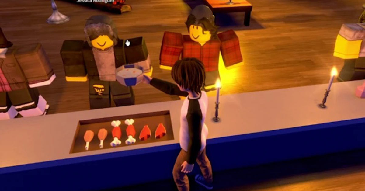 A screenshot of Roblox's "Mission Hunger" where a player serves meals to other characters in a community kitchen