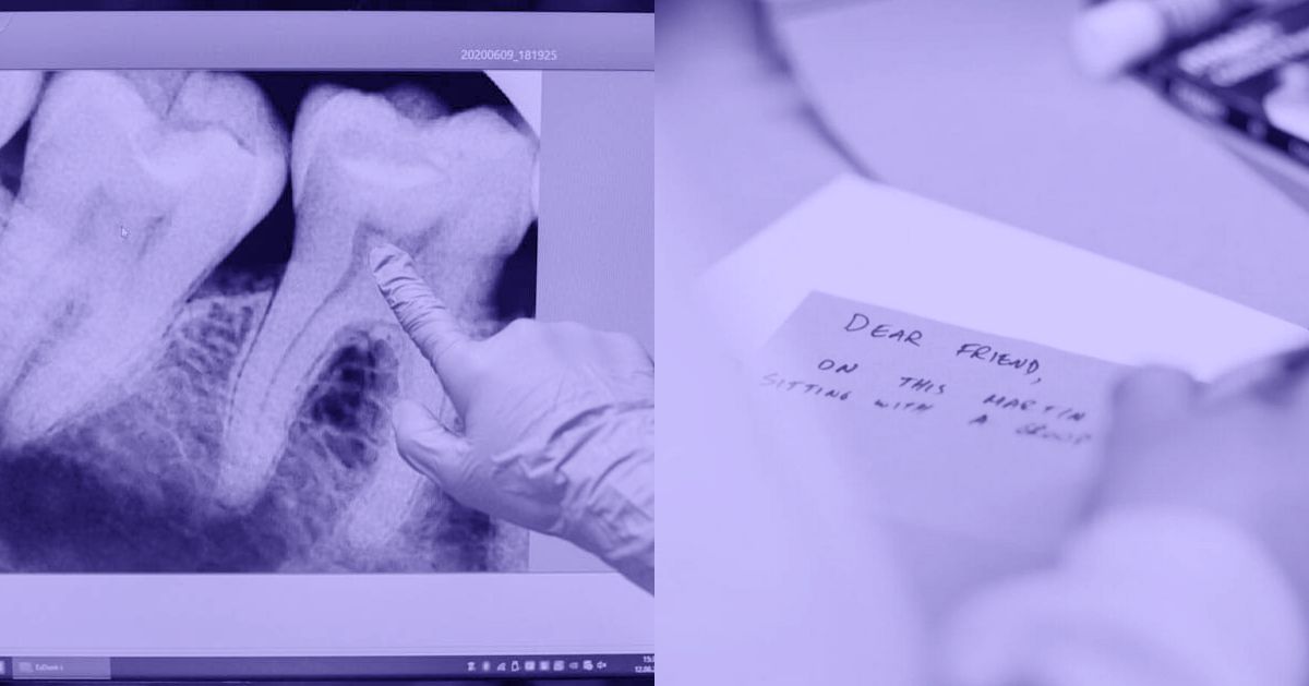 A photo collage of a tooth x-ray and a person writing a note to a friend