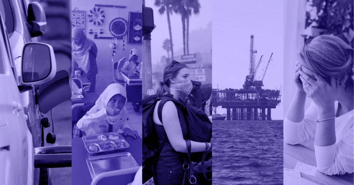 A photo collage of a gas pump inside a car's gas tank, a young Indonesian student eating her meal, a distressed woman standing outside while wearing a face mask, an offshore oil rig, and a woman with her hands in her face while seated at a table with receipts