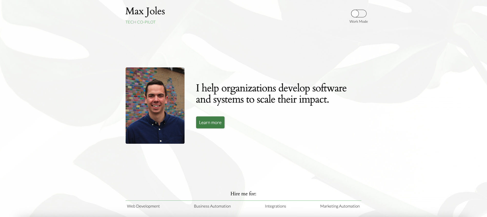 A screenshot of Max Joles’ website in light mode.