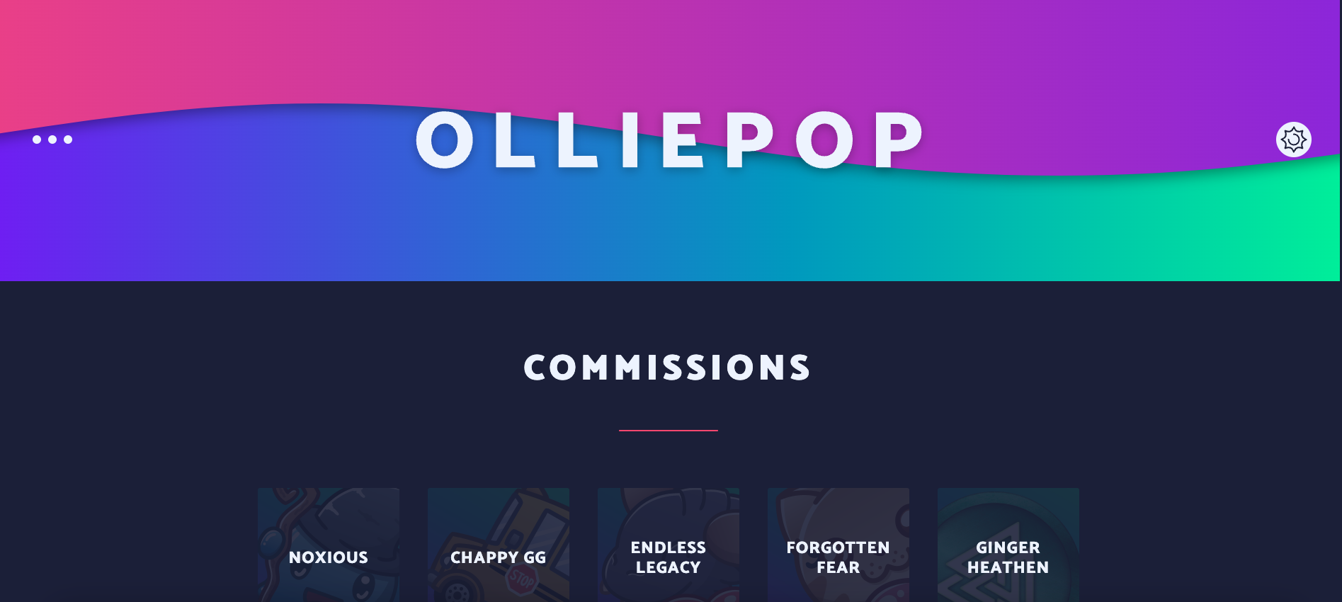 A screenshot of the Olliepop Art website in night mode.