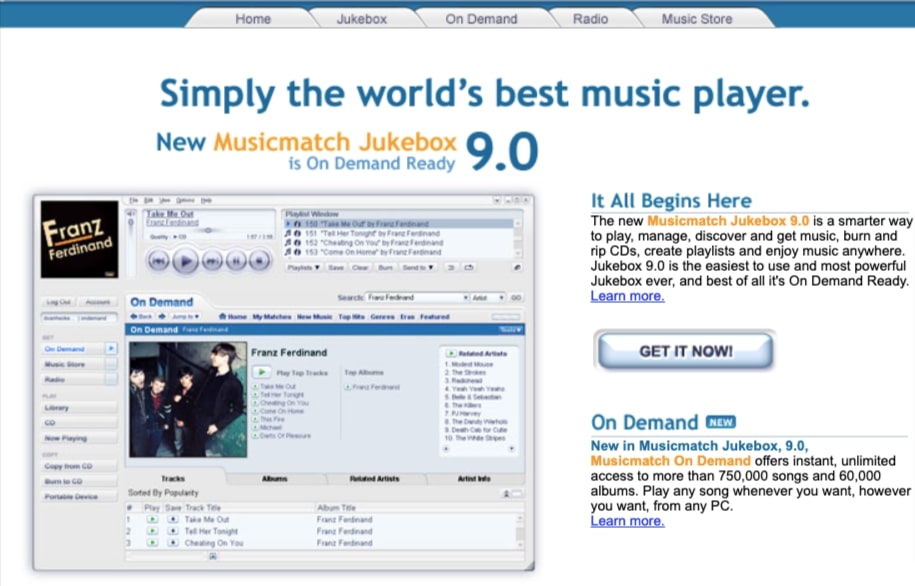 Screenshot of MusicMatch homepage from 2004. Main nav bar is designed to look like folder tabs and music player also has folder tabs as organization and chiseled buttons.  