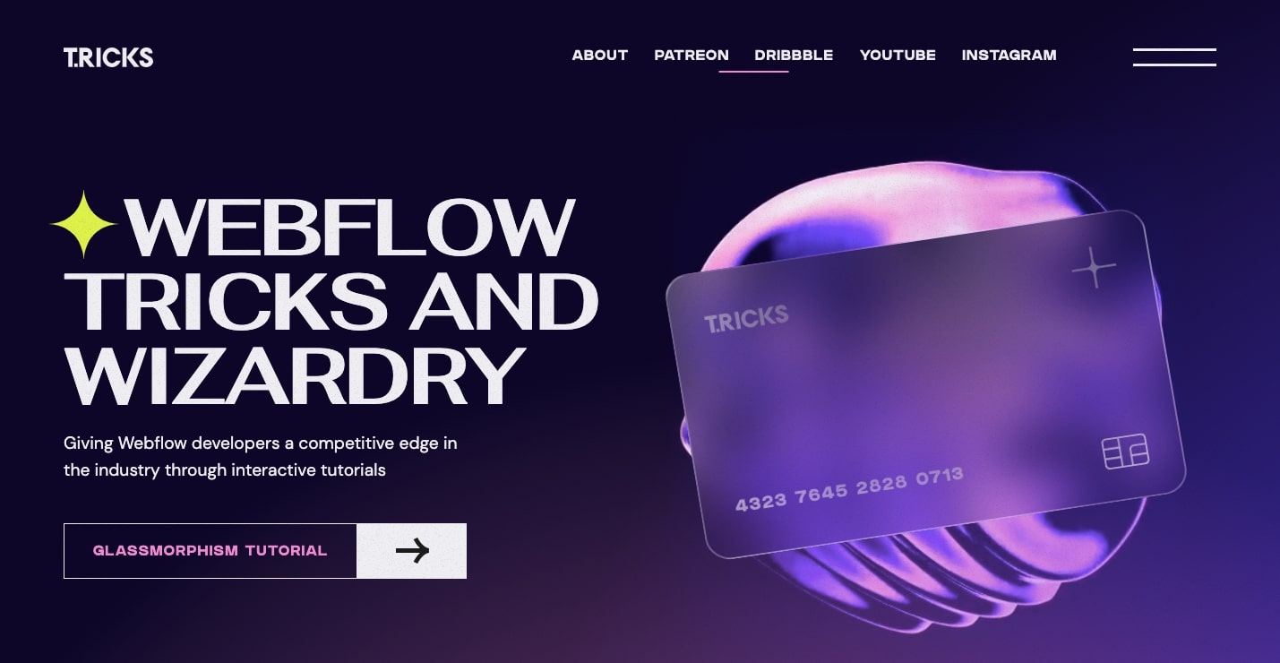 Black background with white text "WEBFLOW TRICKS AND WIZARDRY" next to a purple glassmorphic credit card