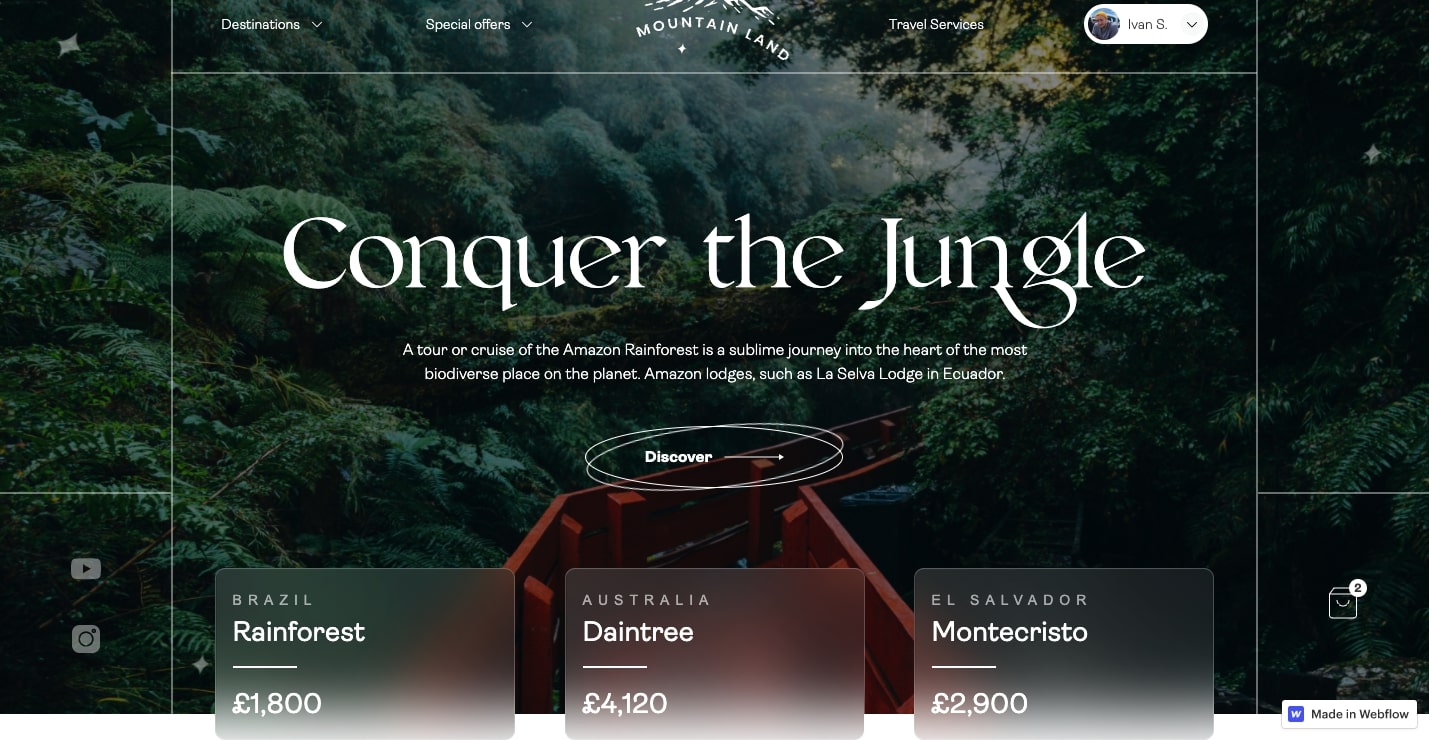 background photo of a jungle with white hero text "Conquer the Jungle" Three glassmorphic rectangles include different tour options and prices. 