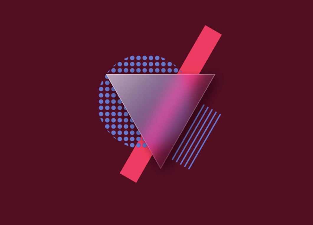 Dark maroon background with three shapes: bottom layer a circle made of blue dots, second layer a long, thin red rectangle, top layer a glassmorphic triangle