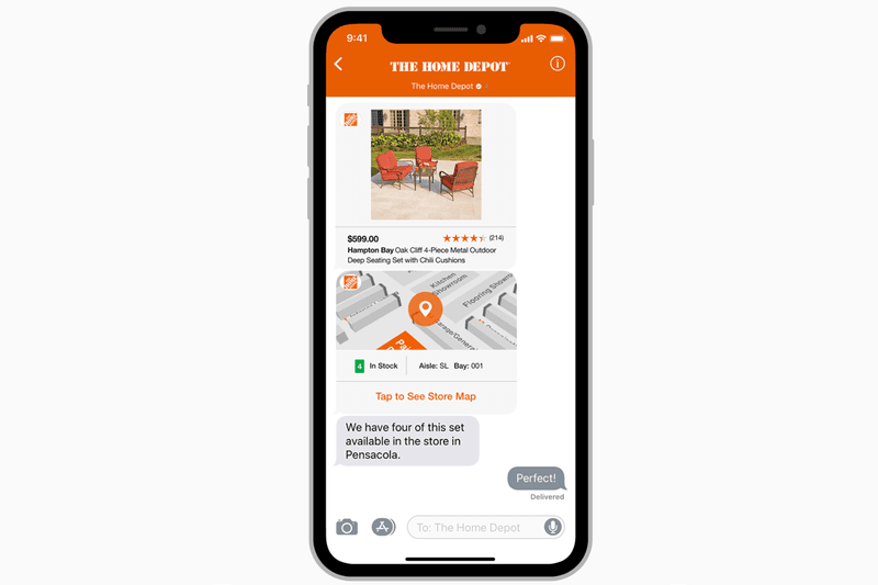 Beyond regular messages and rich links, on Apple Business Chat businesses can design additional experiences for their customers in a chat, using an iMessage app. You can use an iMessage app, or an iOS app containing an embedded iMessage app. The Home Depot, for example, use an iMessage app to let customers view product details. They even offer an in-store map to show where a product is located in their stores. 