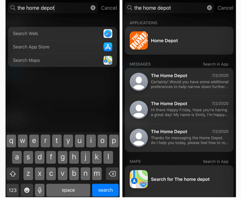 The images above show suggested results for The Home Depot when searched for on an iPhone device. The image on the left is what came up when we searched for The Home Depot before we had messaged with them on Apple Business Chat and before we had downloaded the company's app.  The image on the right shows our search results after we had messaged with the company, providing a way to see the messages we had received from them, as well as a shortcut to the company's app after we had downloaded it.