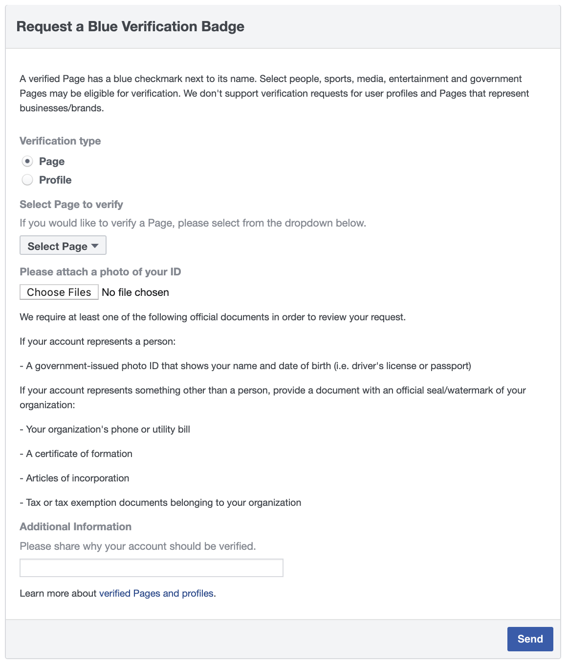 Facebook blue badge form verification