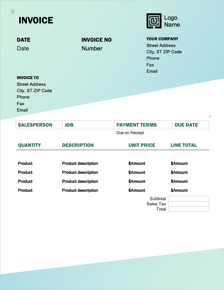 Microsoft Word Green Gradient Invoice Template