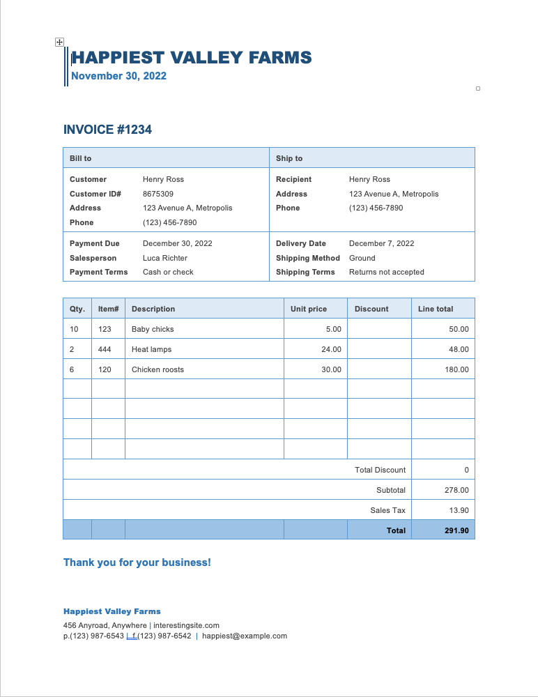 Microsoft Word Business Sales Invoice Template