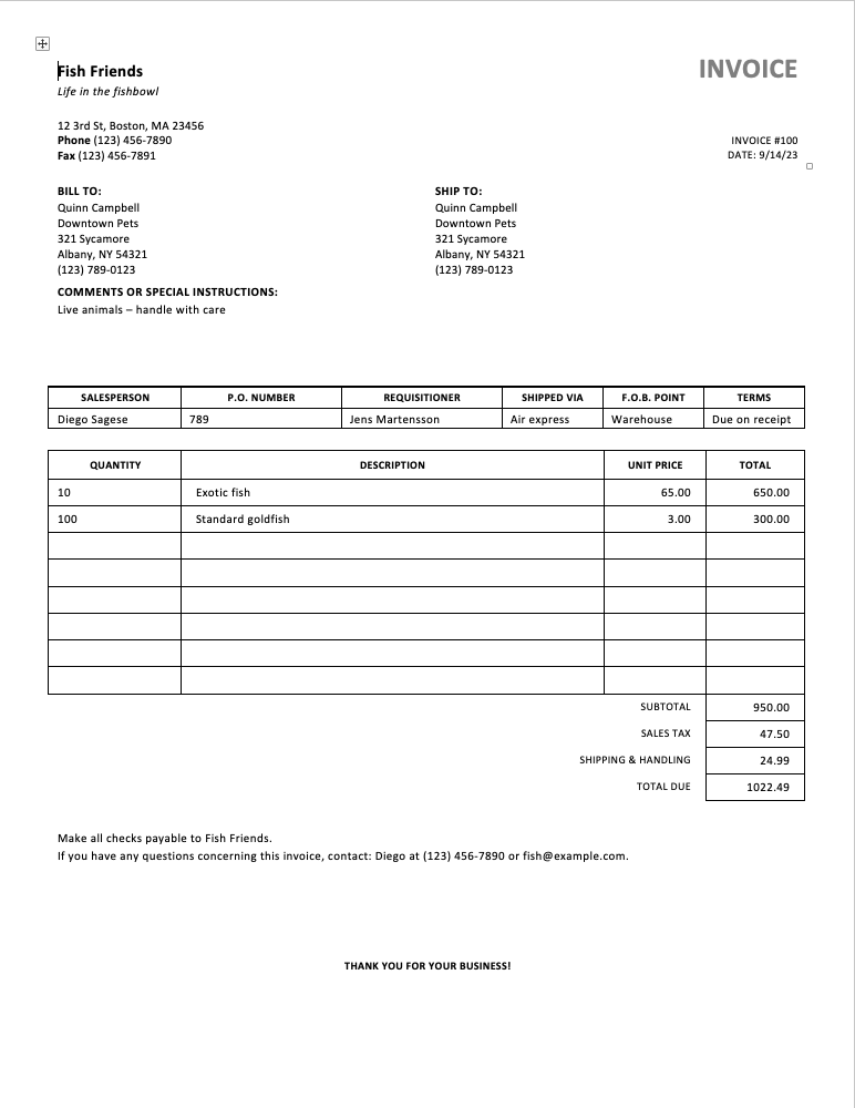 Microsoft Word Sales Invoice Template