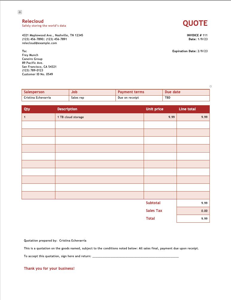 Microsoft Word Simple Service Invoice