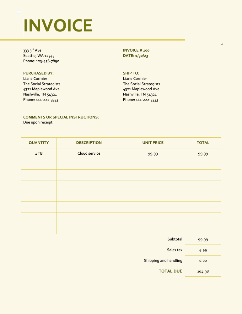 Microsoft Word Basic Invoice with Tax Invoice Template