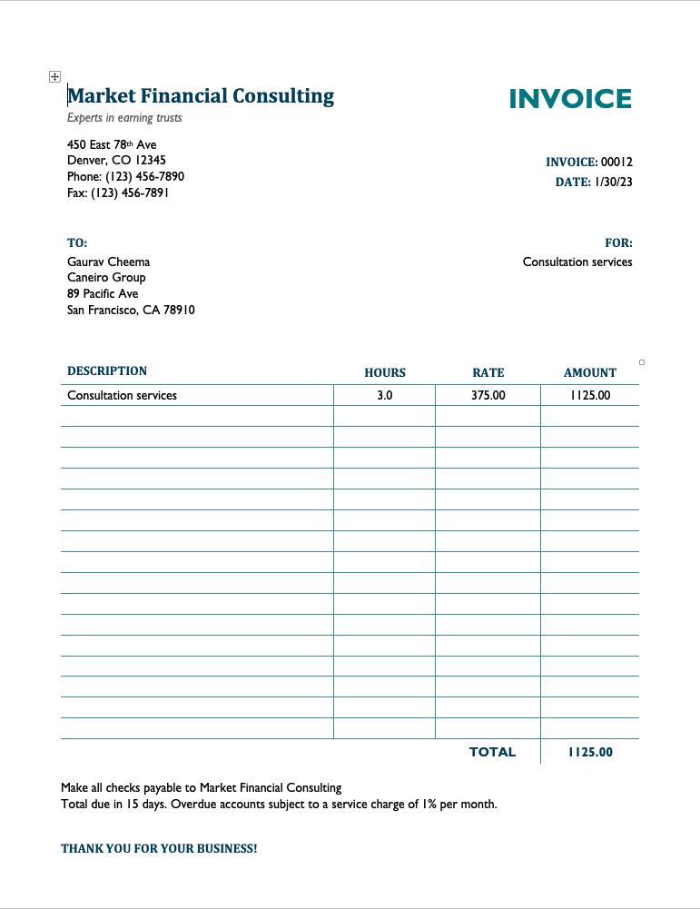 Microsoft Word Service Invoice with Hours and Rates Invoice Template