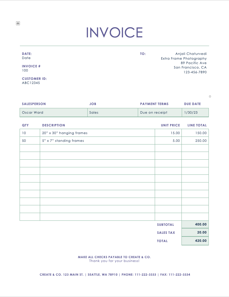 Microsoft Word Services Invoice Template