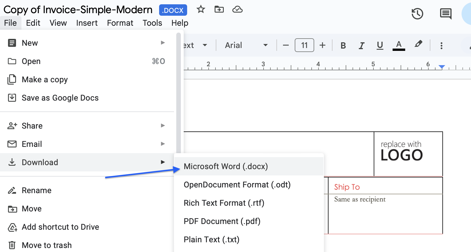 Invoice template in Word