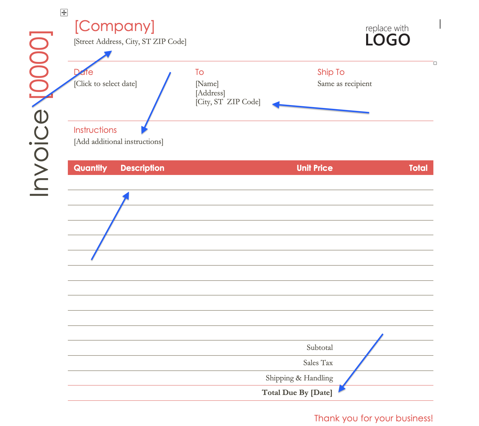 Customize invoice template in Word