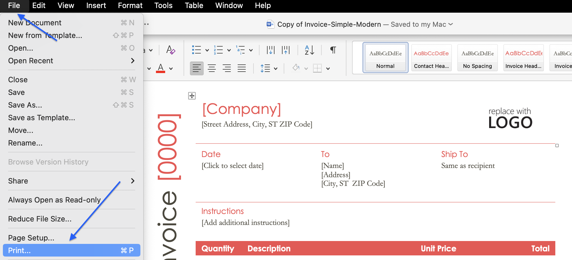 How to print a Word template