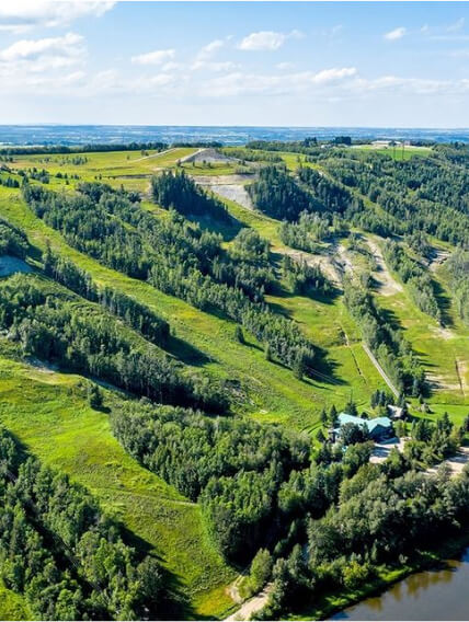 Beautiful summer aerial shot of Red Deer's river valley.