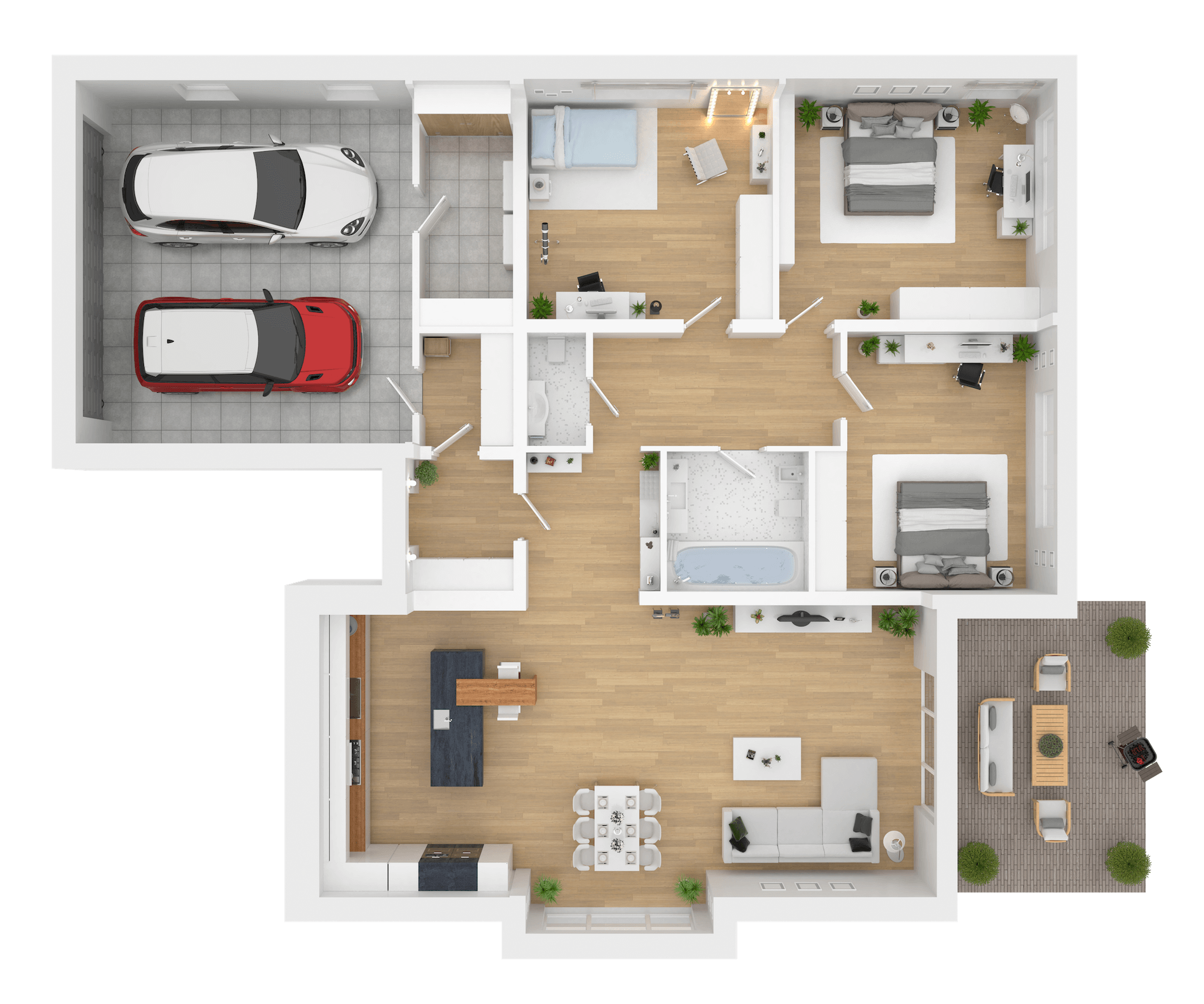 A detailed floor plan of a larger sized home (3 bedrooms, 2 bathrooms)