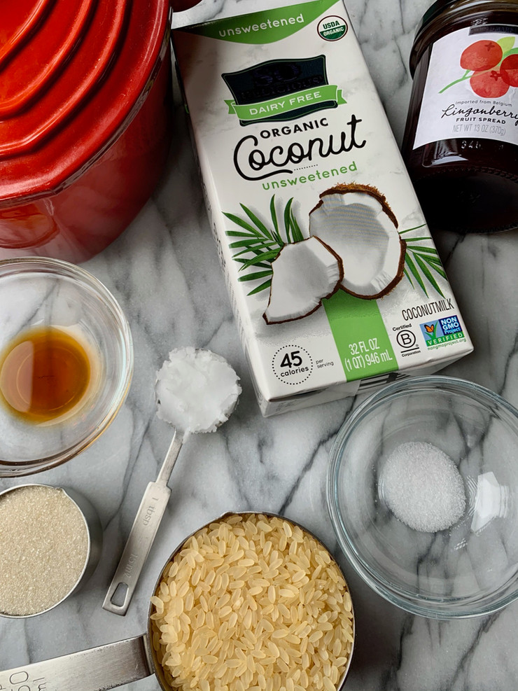 Ingredients assembled for Coconut Rice Pudding