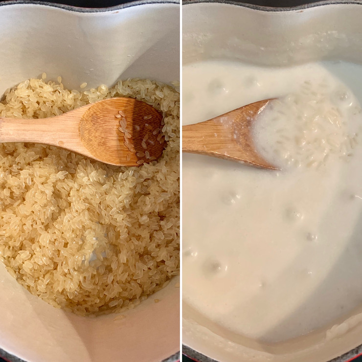 Rice cooking in a heart-shaped Dutch oven on the stovetop