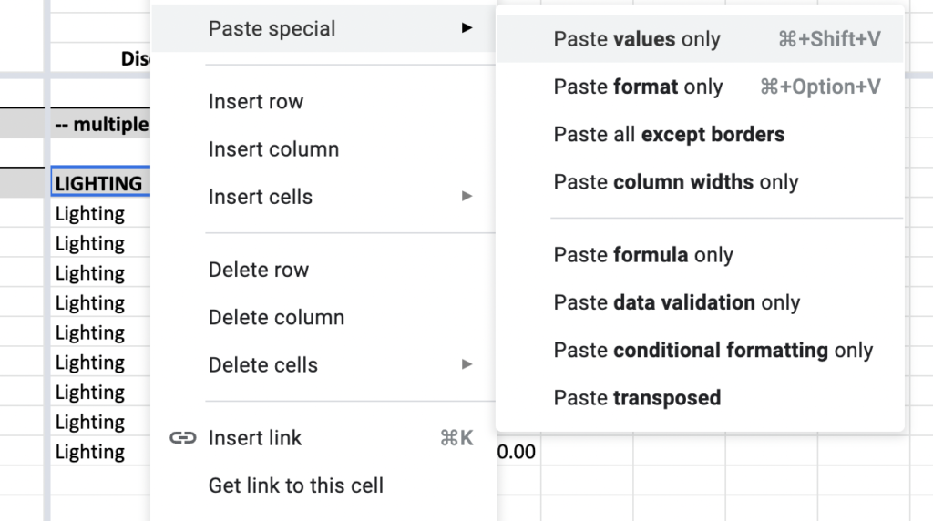 Paste values only in Google Sheets