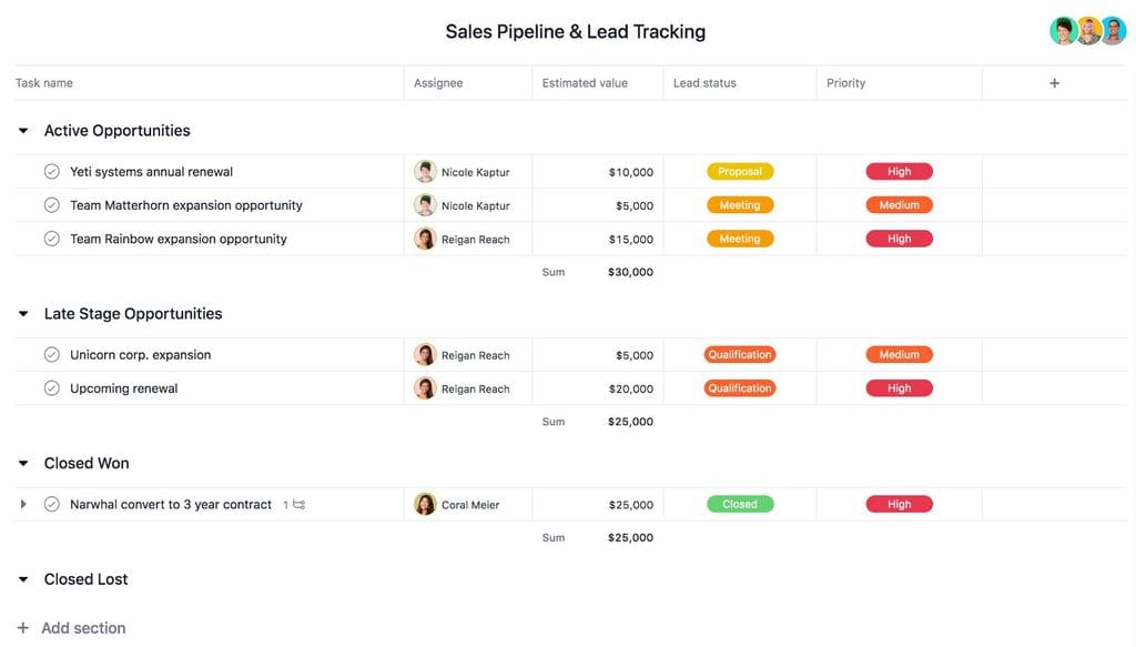 Sales Pipeline and Lead Tracking from Asana