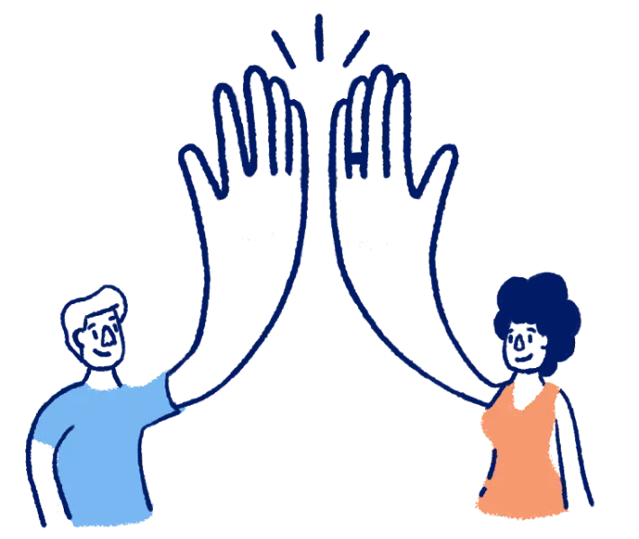 Two people high-fiving with hands that are exaggeratedly big.