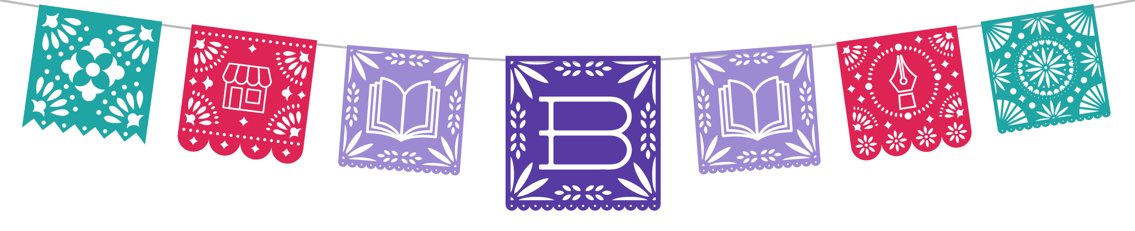 Decorative Papel Picado graphic featuring the Bookshop.org logo