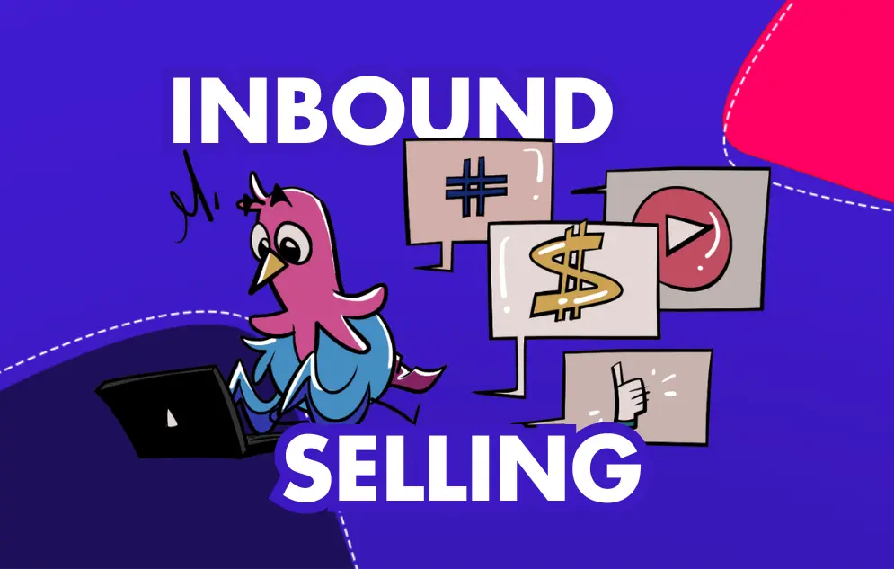 A cartoon chicken is sitting in front of a laptop with the words "Inbound Selling" on the screen.