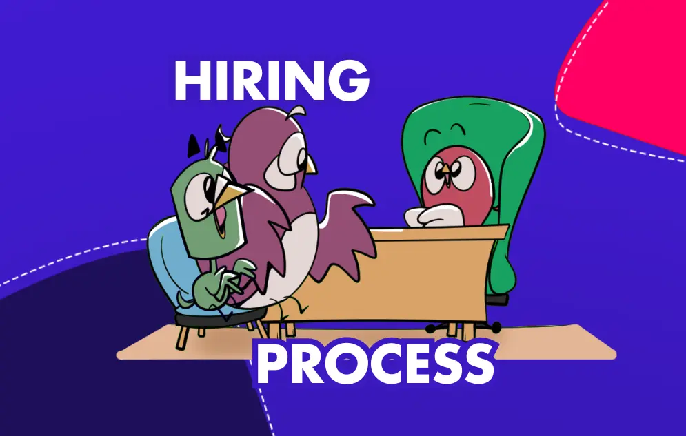 Cartoon bird, one in a boss chair interviewing 2 others.