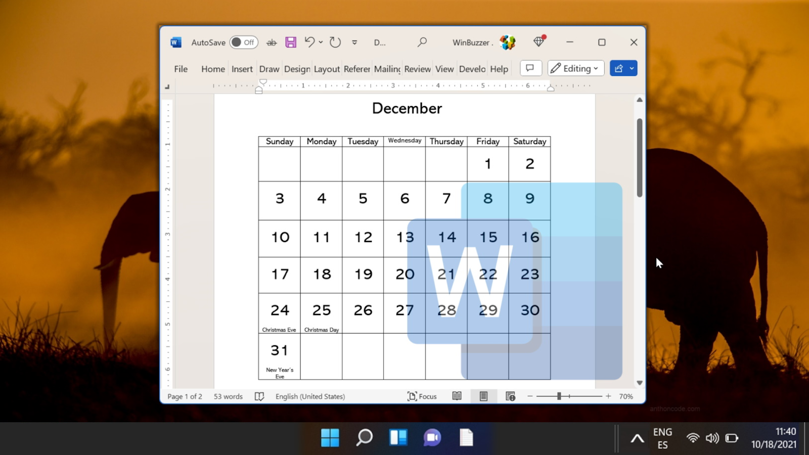 Create automated calendar in word