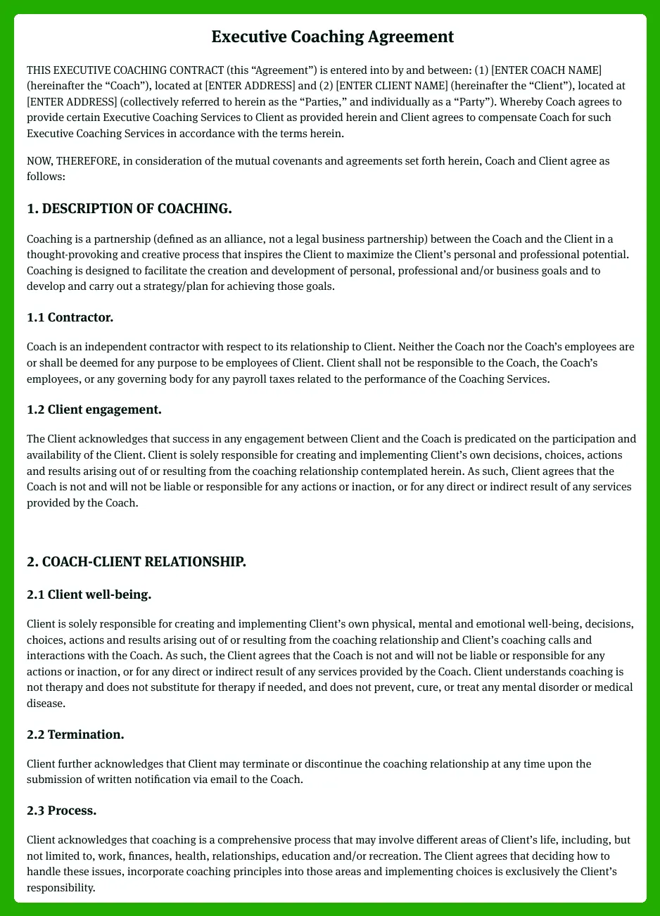 Executive Coaching Agreement Template