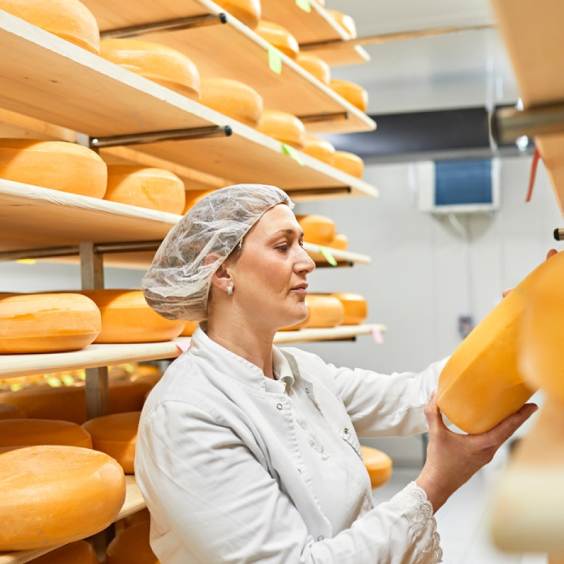 A worker at a food factory inspects goods
