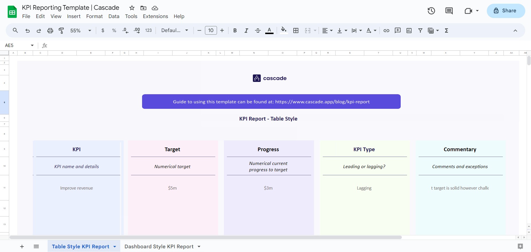 kpi reporting template cascade excel spreadsheet