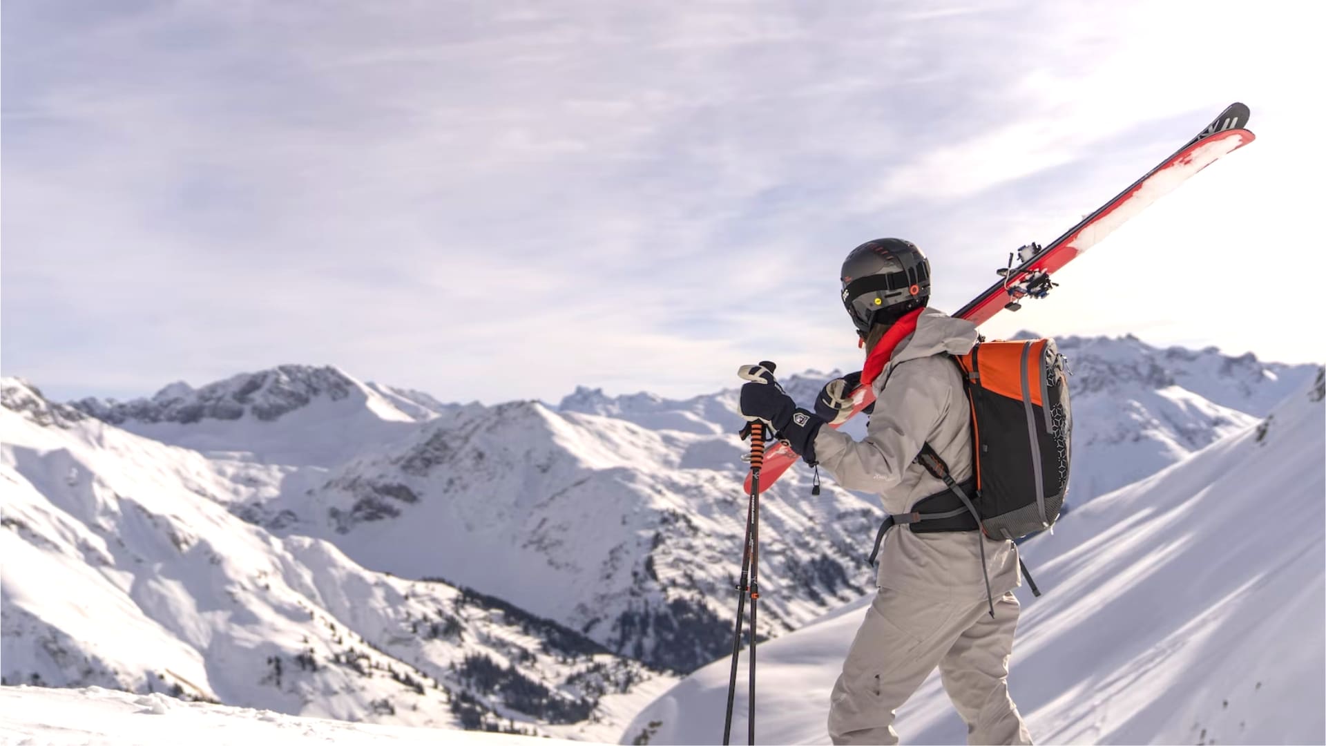 Person wearing an avalanche airbag backpack