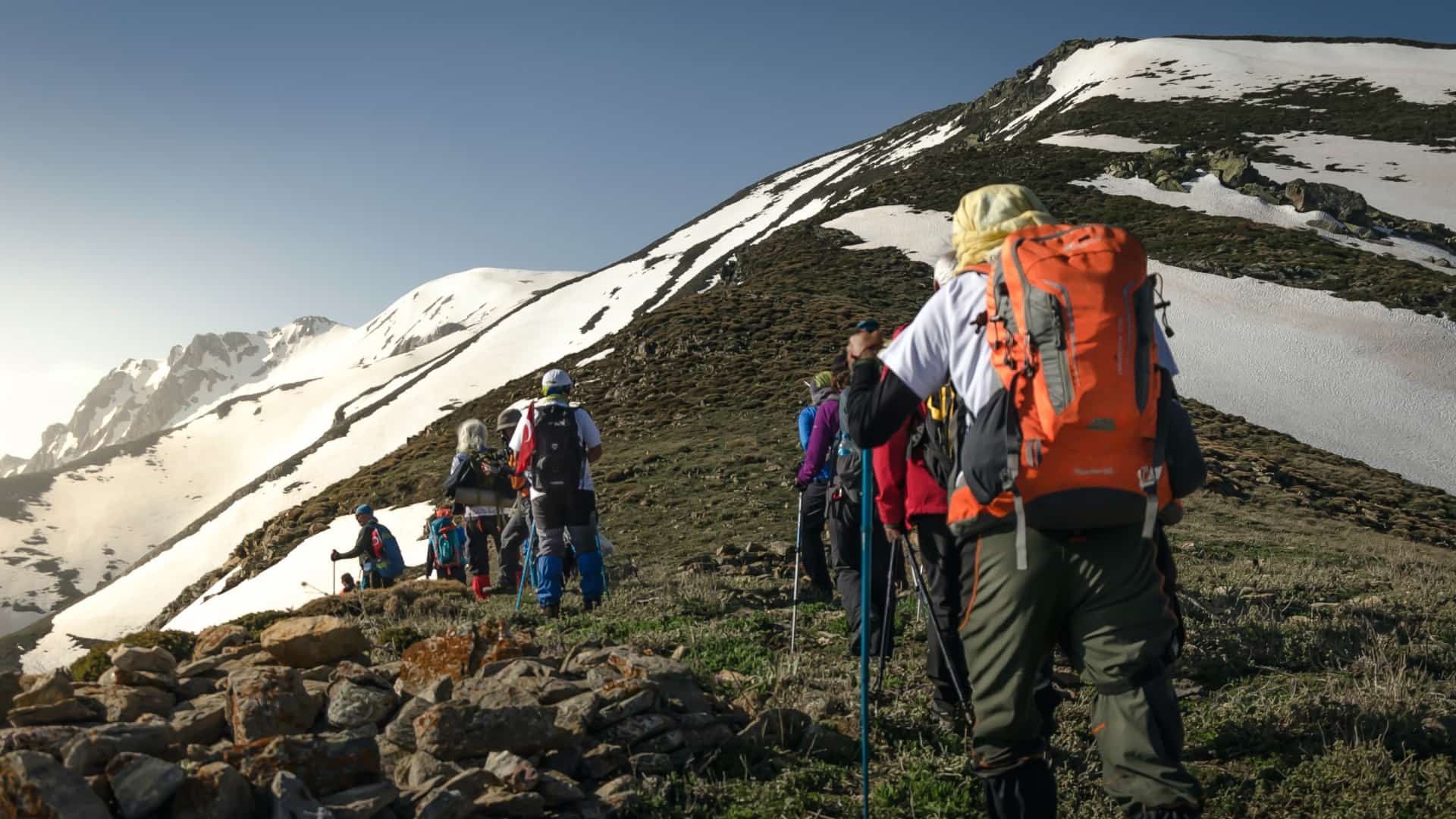 Group of hikers hiking up a mountain