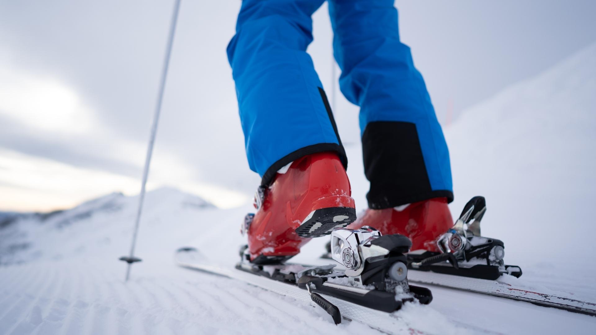 Ski boots attached to skis