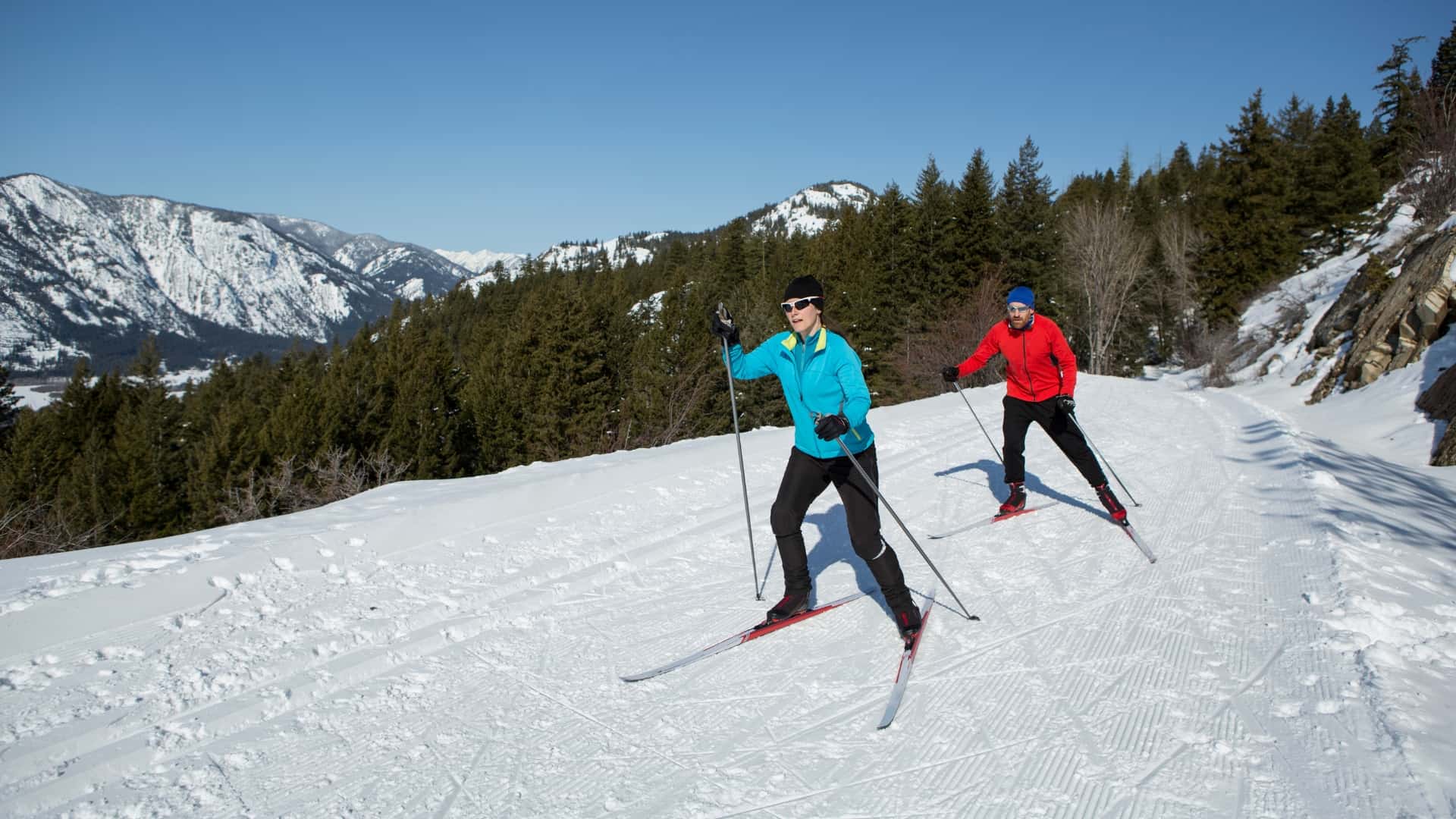 Two people cross-country skiing