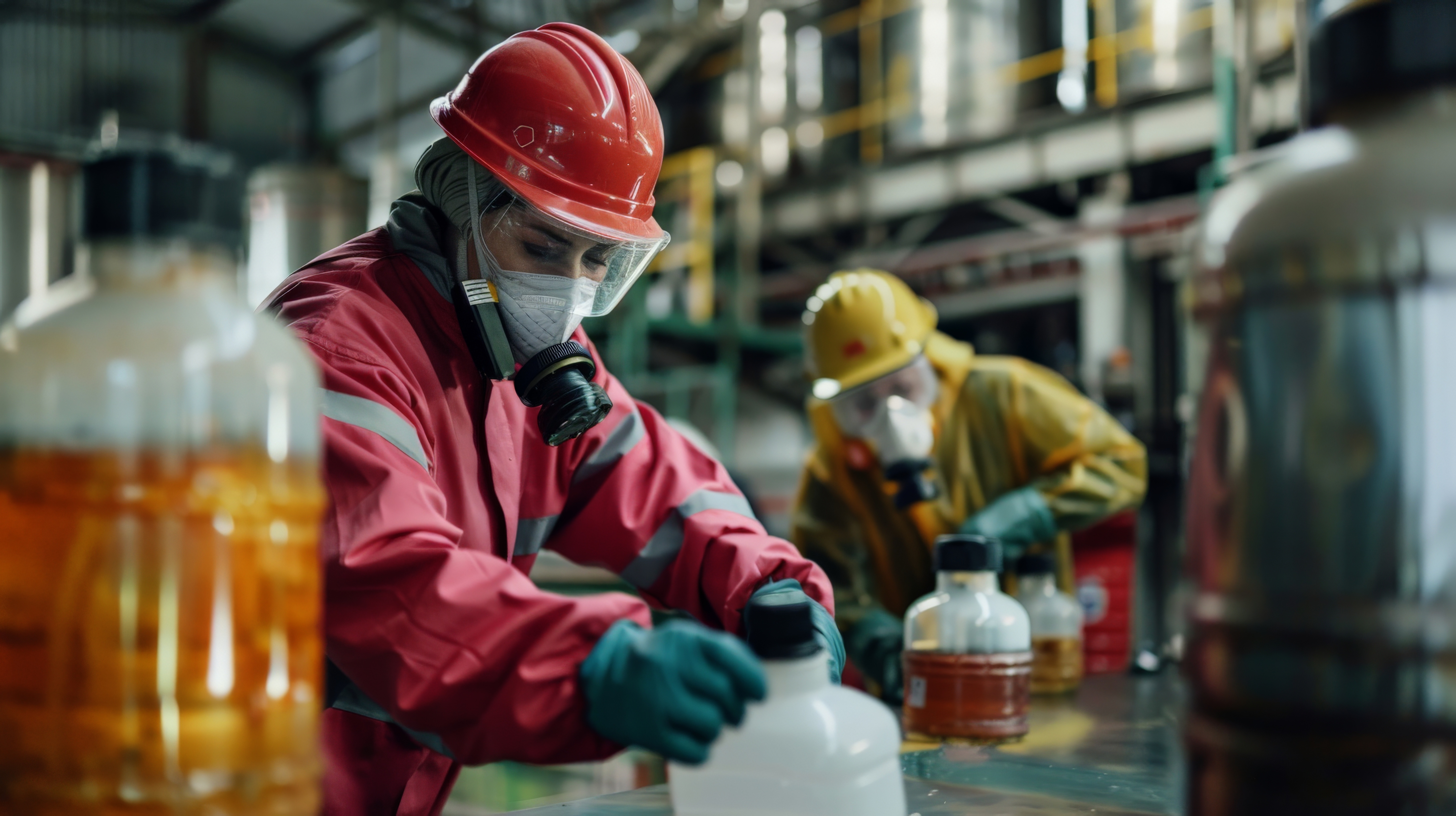 Workers handling hazardous chemicals with safety gear