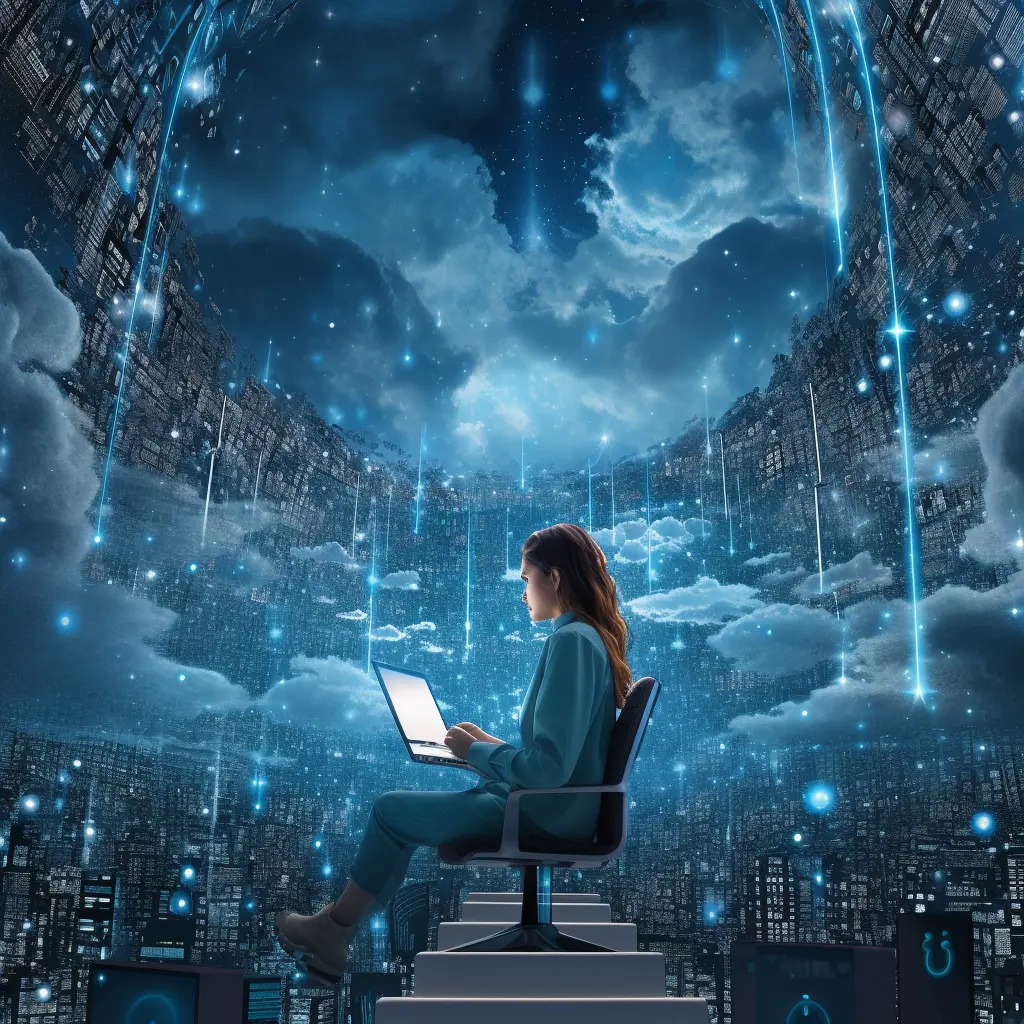 A woman with a laptop sits on a chair amid a sparkling digital cityscape