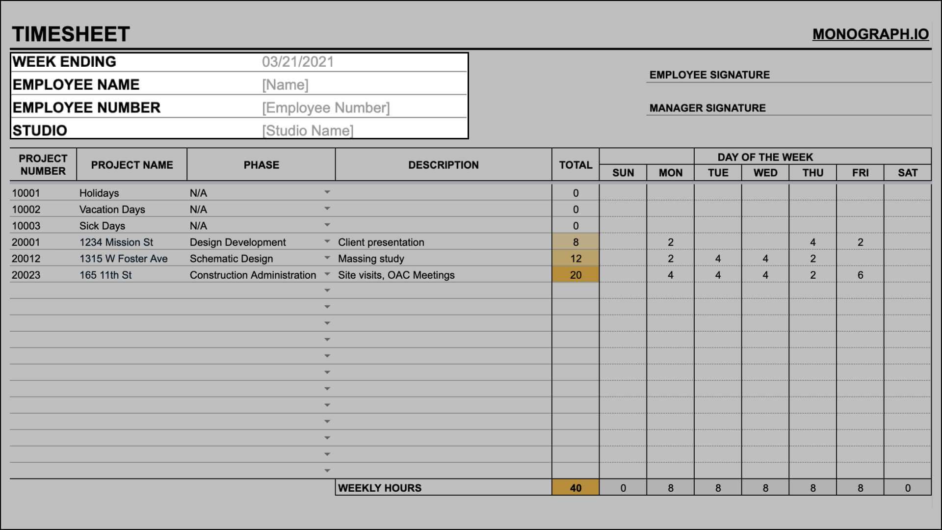 Fill in information in architecture timesheet template