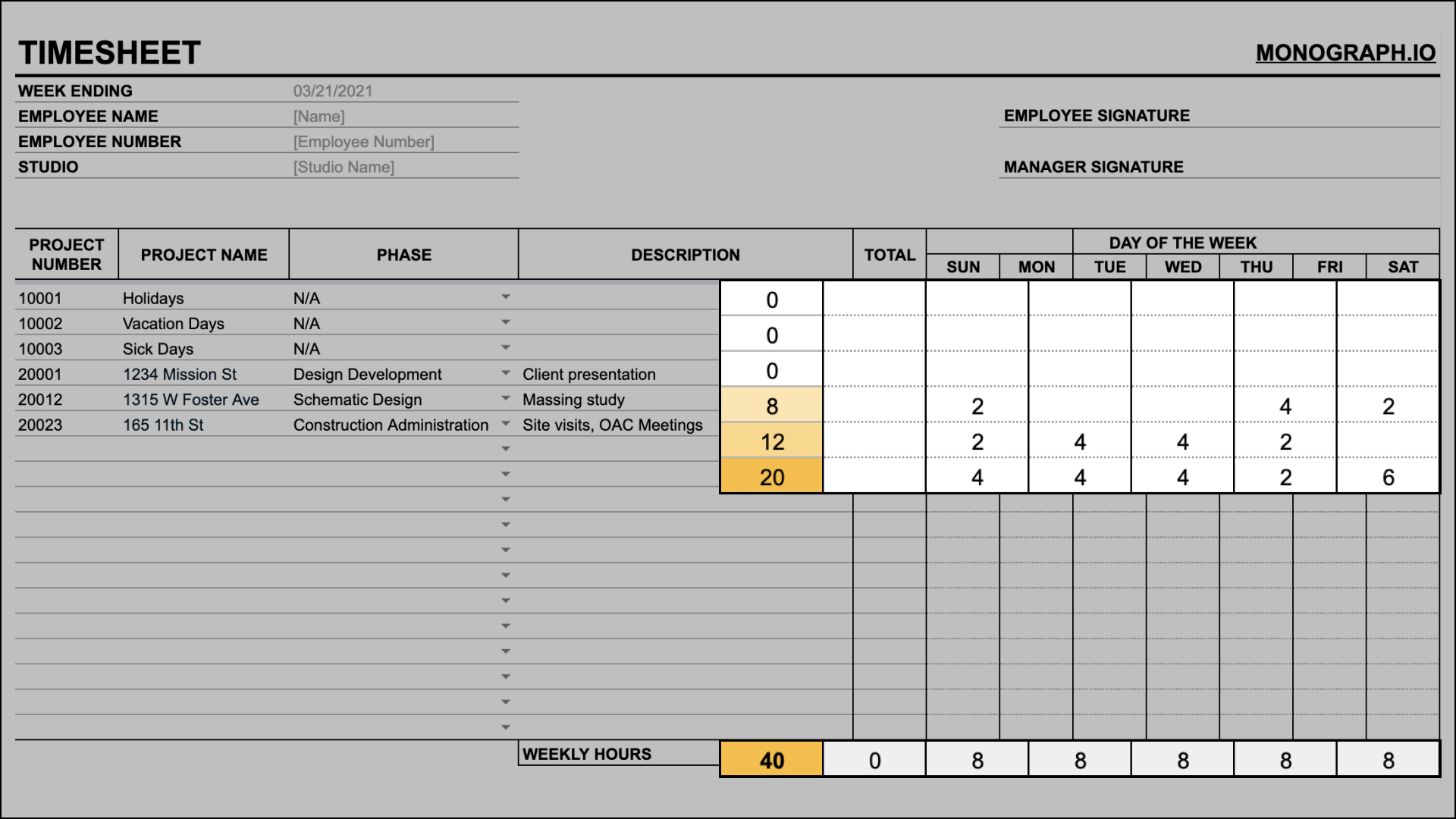 Input daily hours on timesheet template