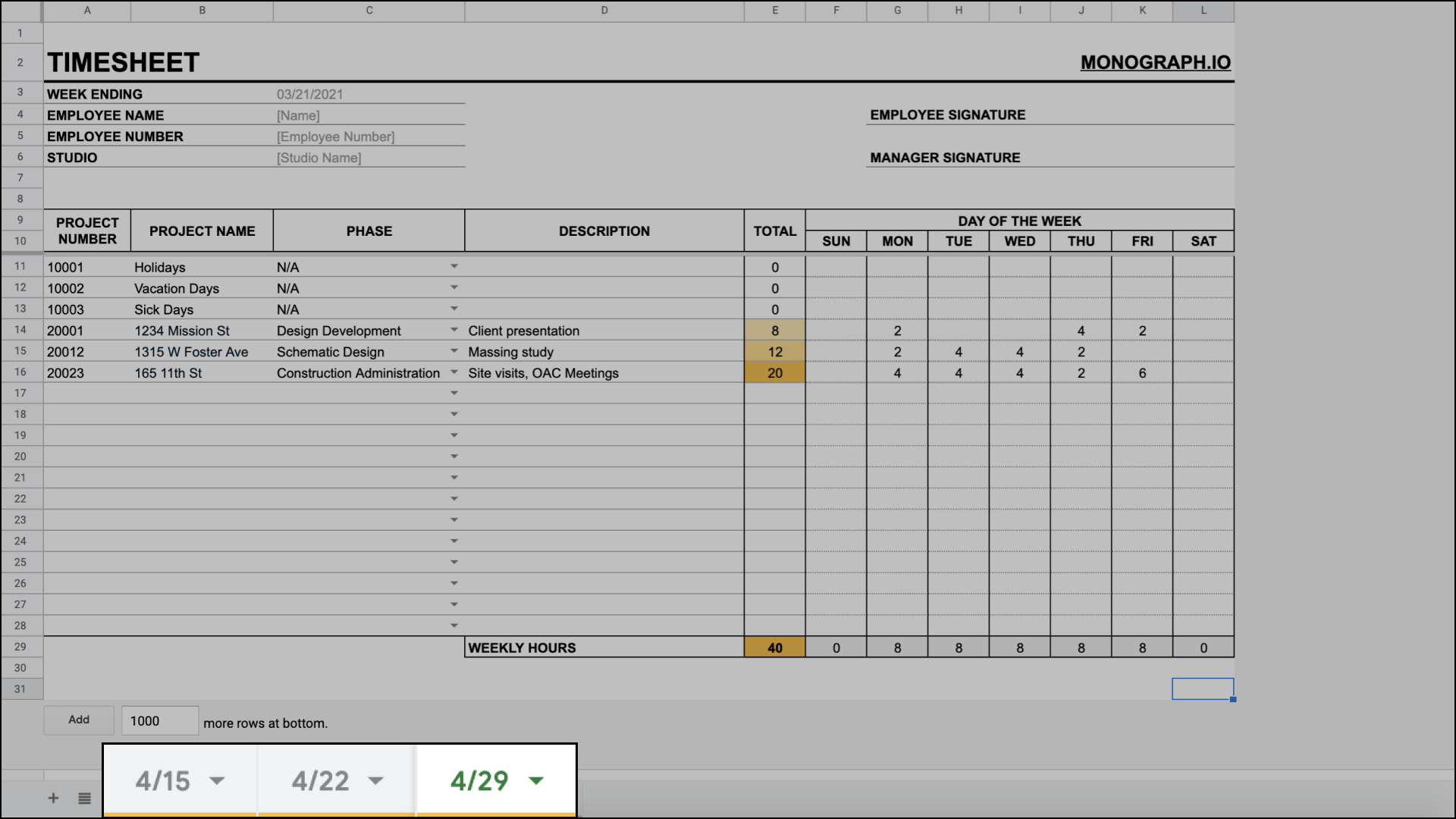 Duplicate timecard for architects