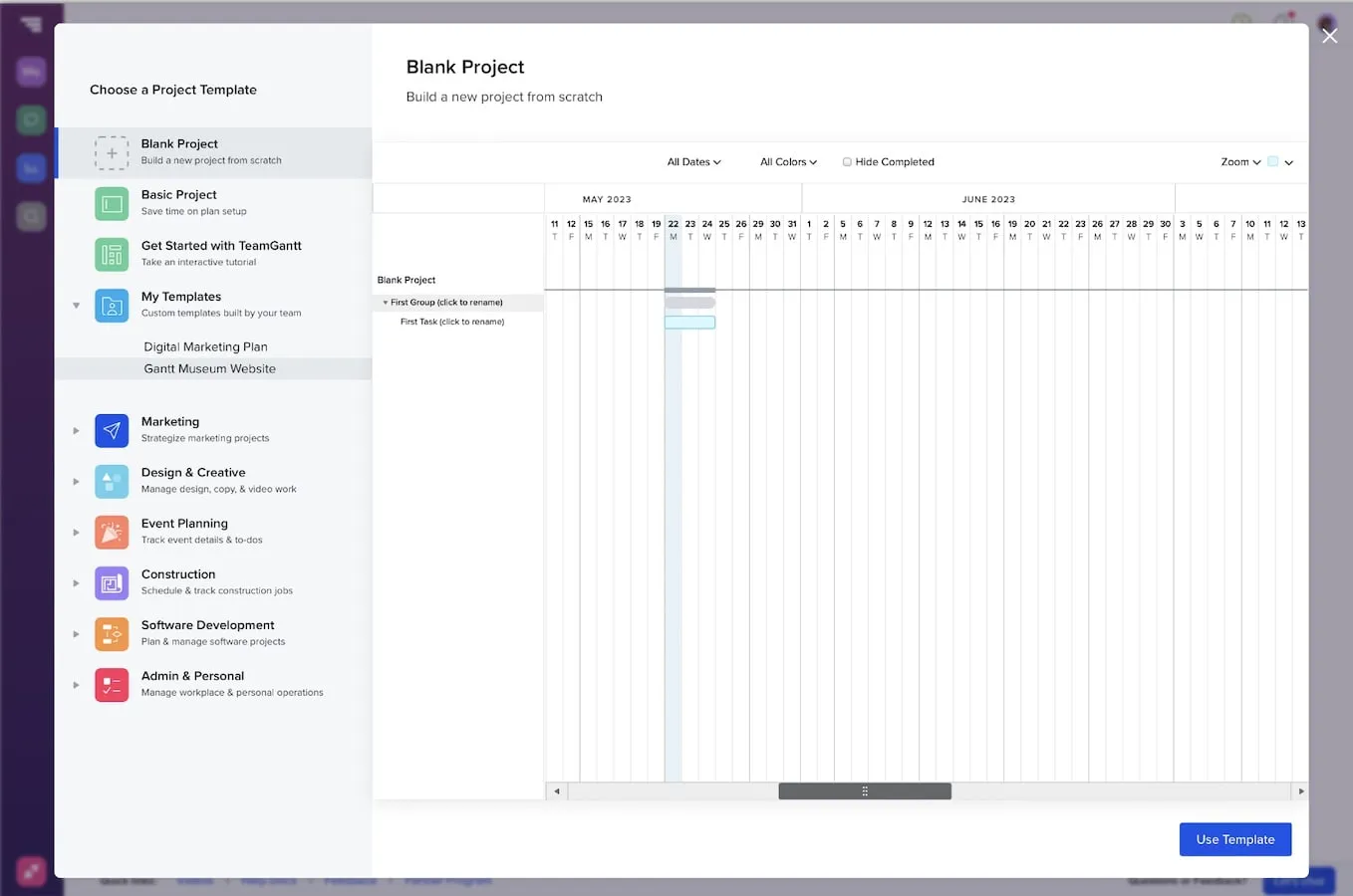 Choose a template from TeamGantt's project hub to apply to your gantt chart